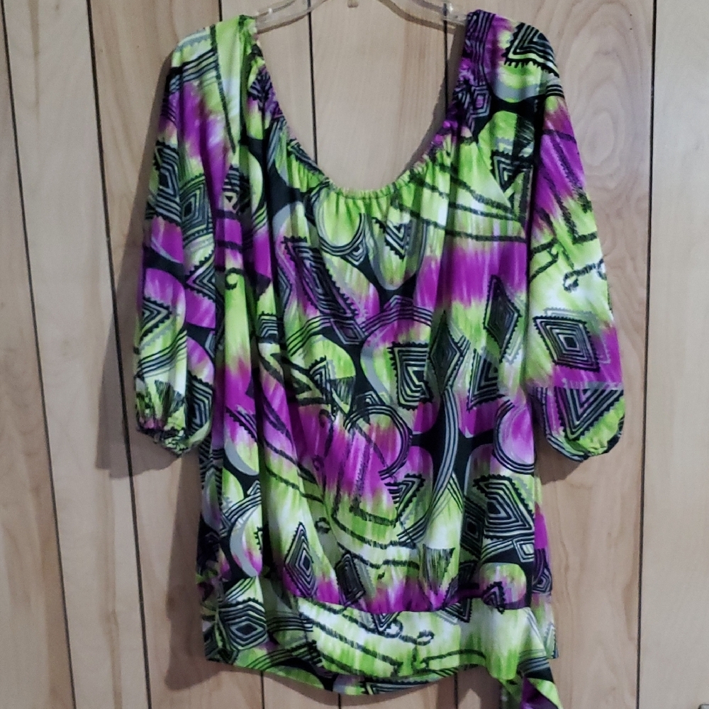 Dressbarn Green and Purple Graphic Tie Front Blouse